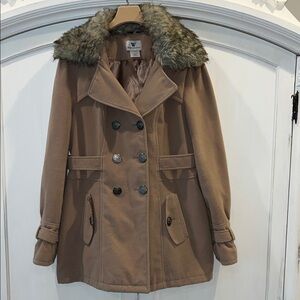 Worthington XL Women's Tan Pea Coat with Detachable Faux Fur Collar